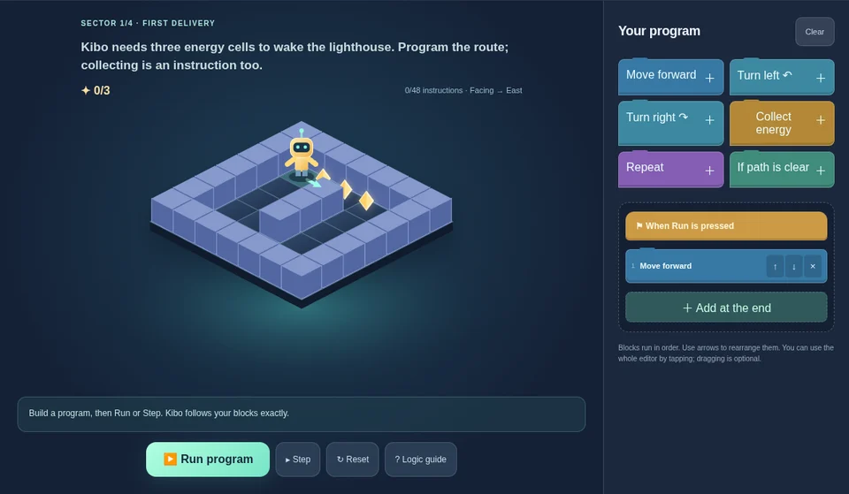 Bytecraft gameplay: a robot map beside a visual block-programming toolbox