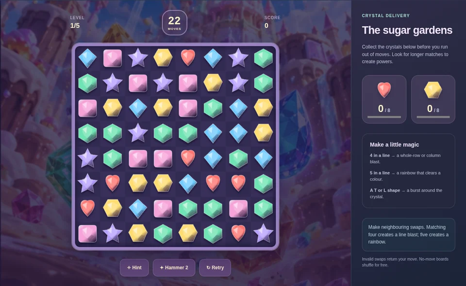 Crystal Cascade gameplay: a colourful match-three board with collection goals