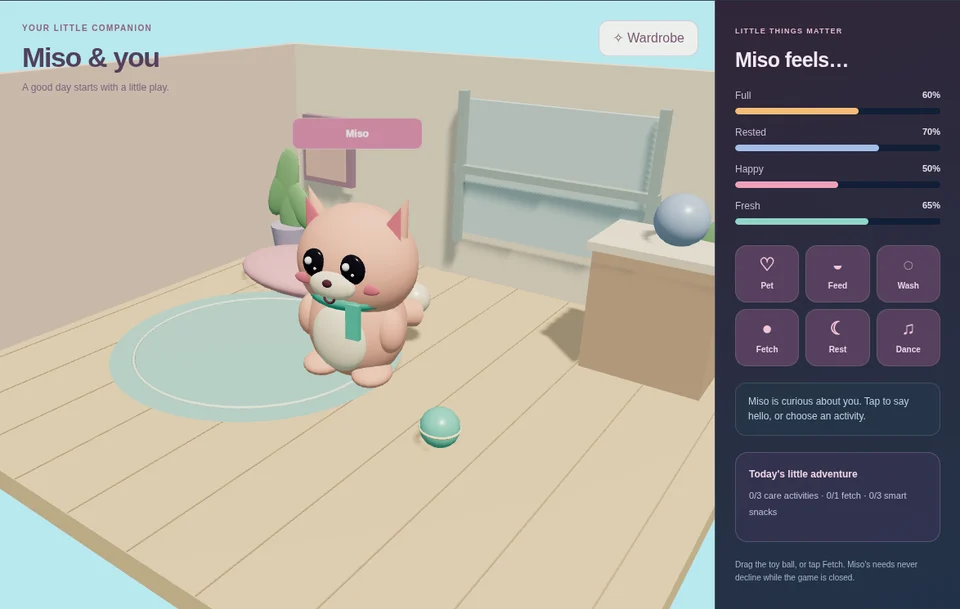 Miso and Me gameplay: a 3D companion with care, snack and play controls