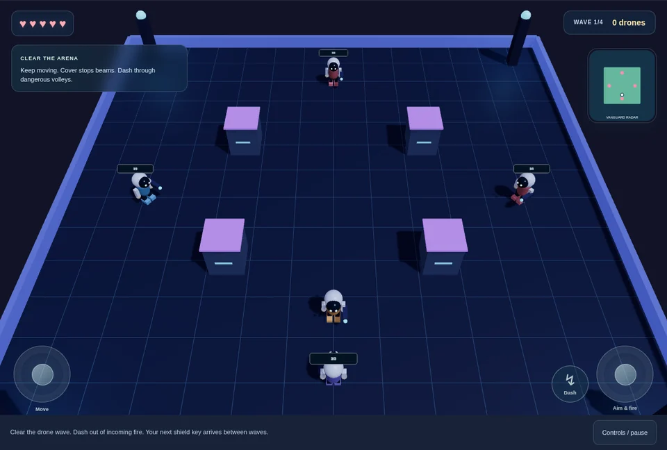 Neon Vanguard gameplay: a glowing arena with drones and energy-beam controls